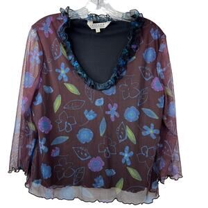 Uniform John Paul Richard Retro Floral Top Sheer Sleeves Ruffle Neck Y2K Size L